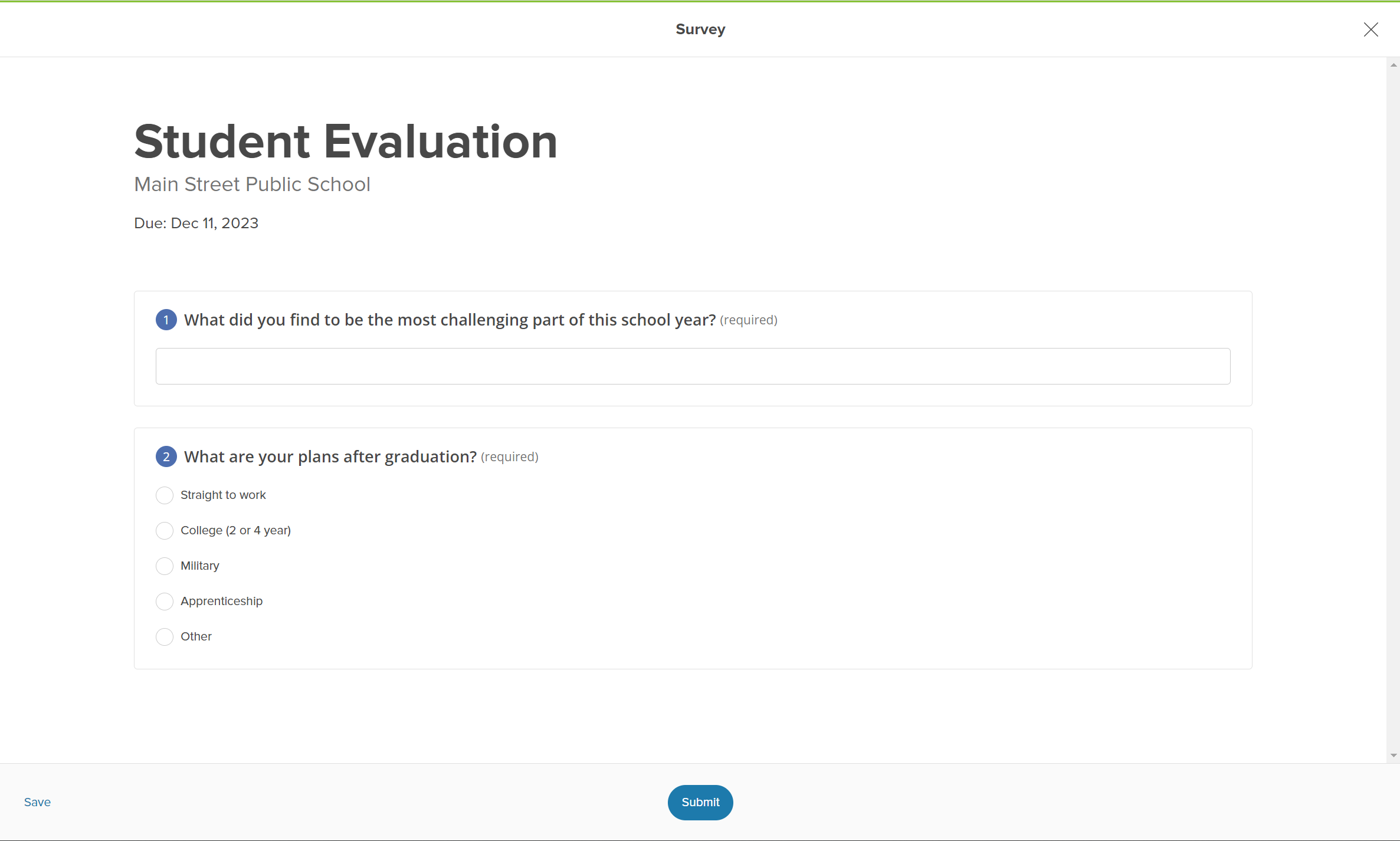 Example of a student survey in Xello. The survey is called Student Evaluation. The questions are What did you find most challenging this school year? And What are your next plans?